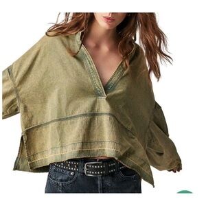 Free People Olive V-Neck Blouse